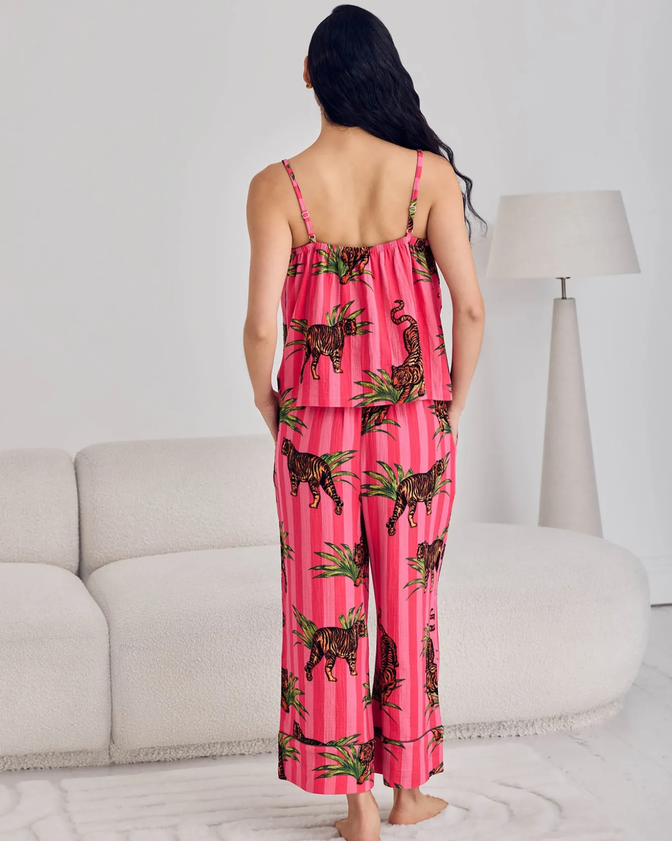 Organic Cotton Cheesecloth Leaf Tiger Stripe Print Cami Long Pyjama Set