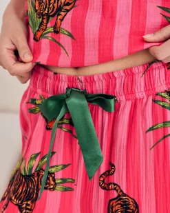 Organic Cotton Cheesecloth Leaf Tiger Stripe Print Cami Long Pyjama Set