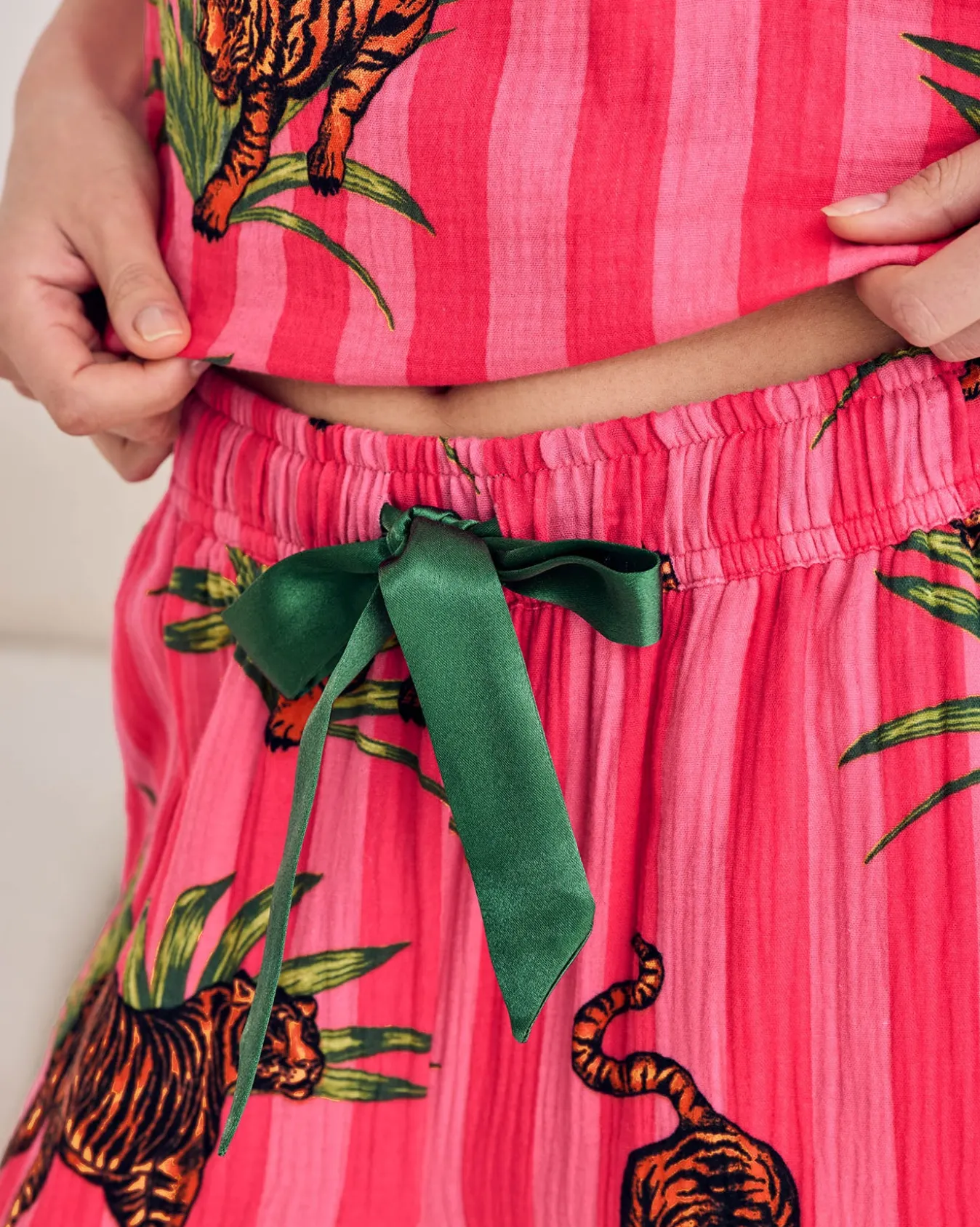Organic Cotton Cheesecloth Leaf Tiger Stripe Print Cami Long Pyjama Set