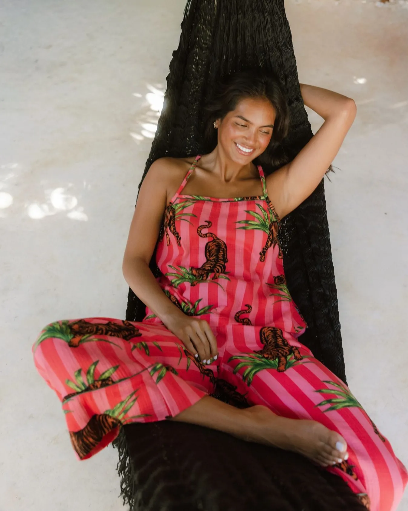 Organic Cotton Cheesecloth Leaf Tiger Stripe Print Cami Long Pyjama Set