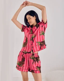 Organic Cotton Cheesecloth Leaf Tiger Stripe Print Short Pyjama Set