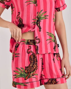 Organic Cotton Cheesecloth Leaf Tiger Stripe Print Short Pyjama Set