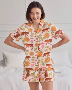 Organic Cotton Cheesecloth Siesta Tiger Print Short Button Up Pyjama Set