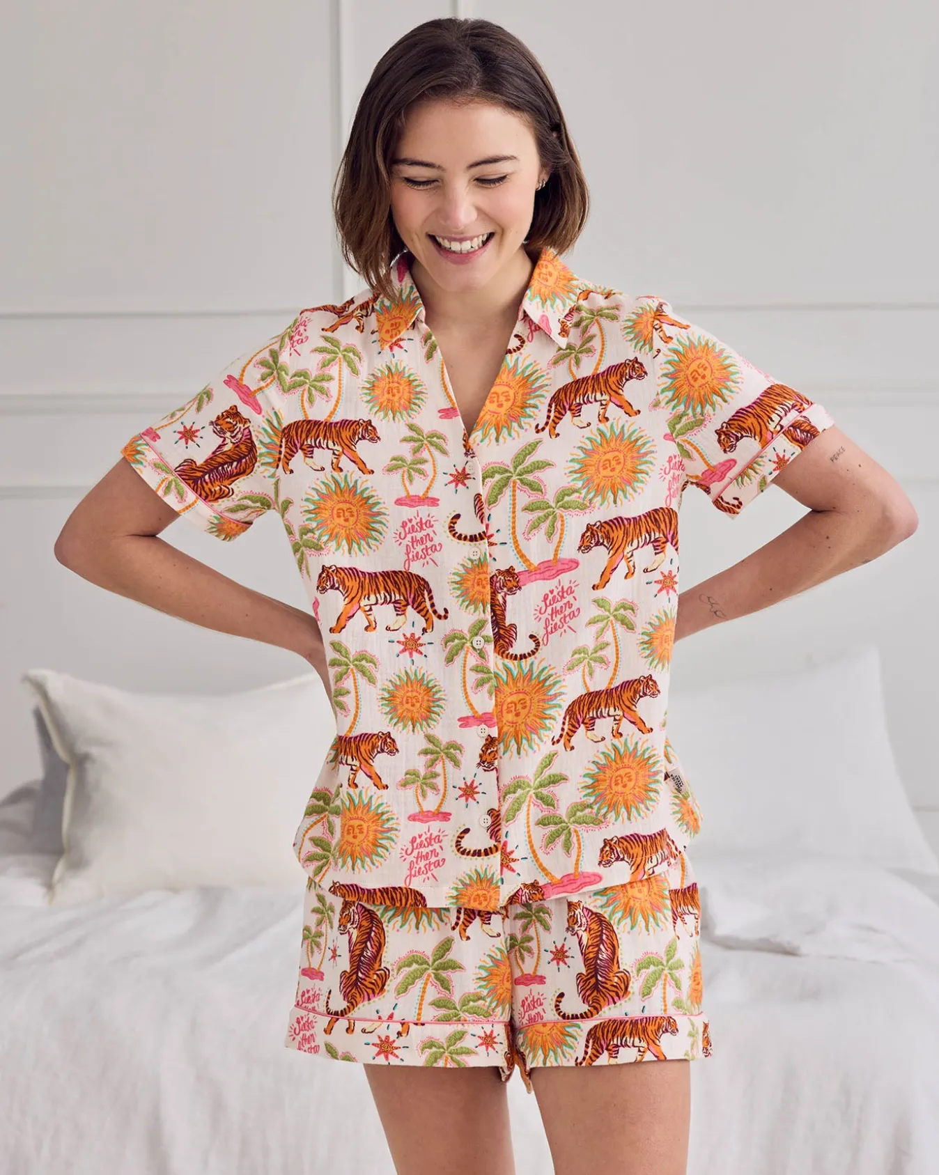 Organic Cotton Cheesecloth Siesta Tiger Print Short Button Up Pyjama Set