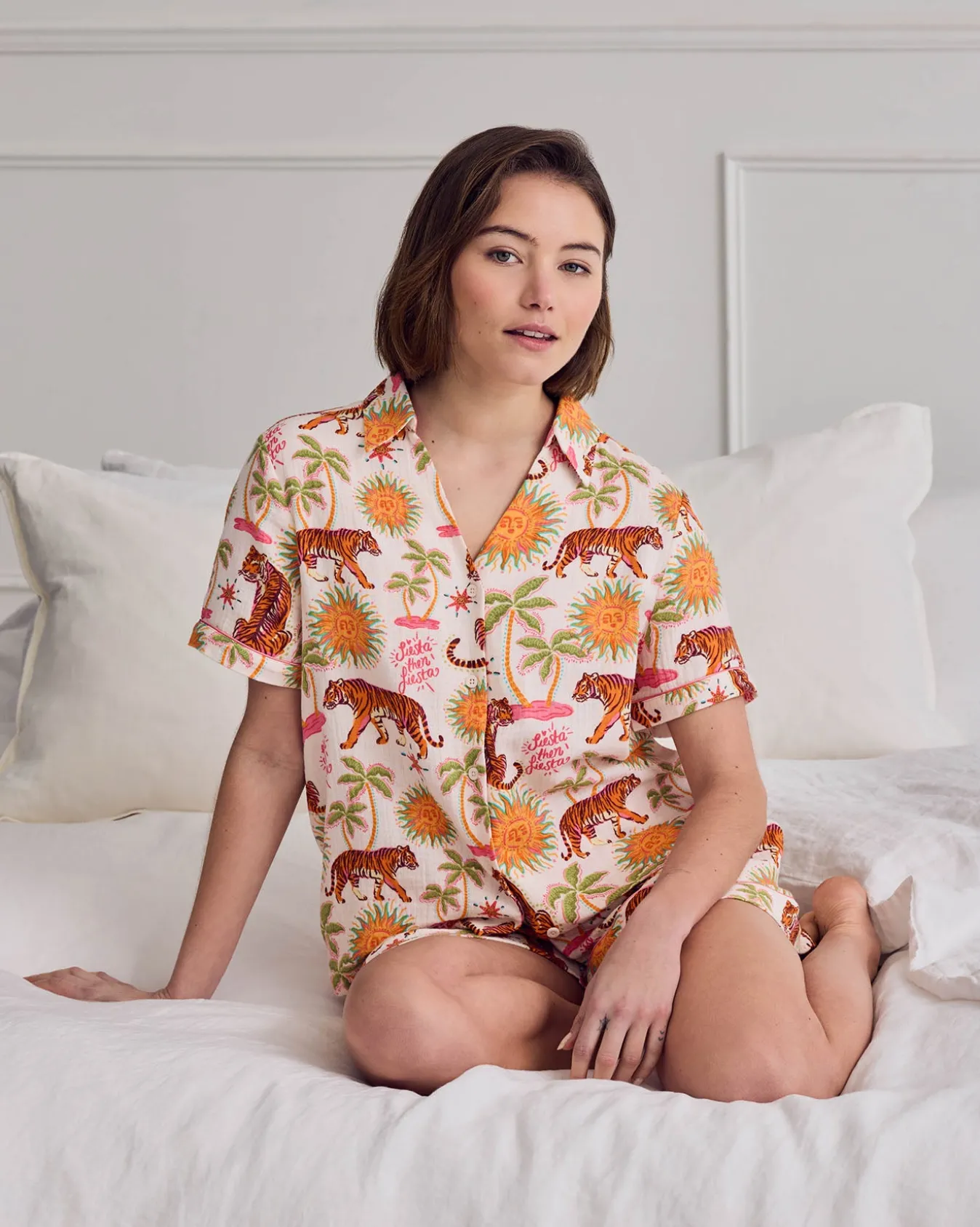 Organic Cotton Cheesecloth Siesta Tiger Print Short Button Up Pyjama Set