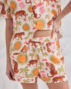 Organic Cotton Cheesecloth Siesta Tiger Print Short Button Up Pyjama Set
