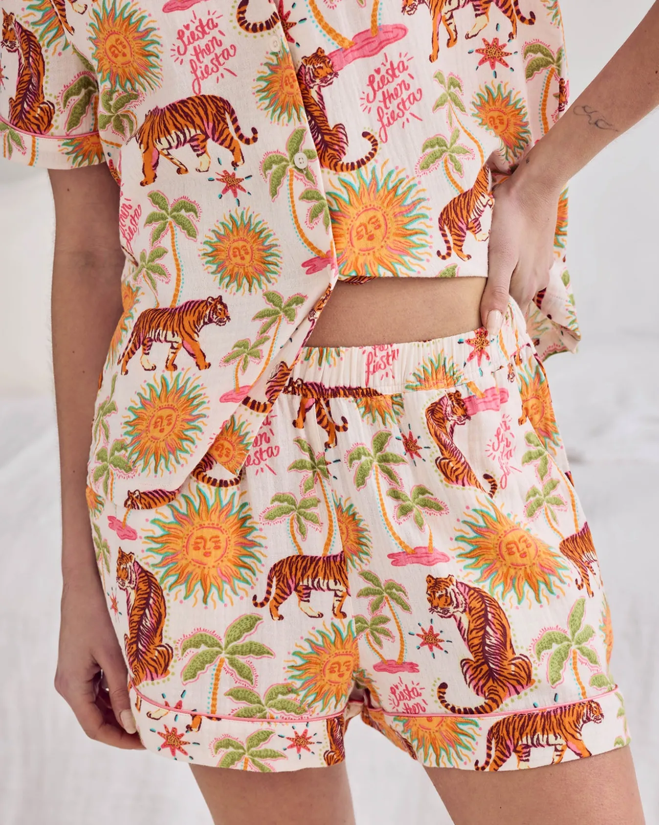 Organic Cotton Cheesecloth Siesta Tiger Print Short Button Up Pyjama Set