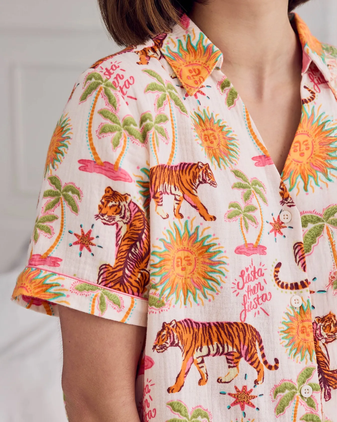 Organic Cotton Cheesecloth Siesta Tiger Print Short Button Up Pyjama Set