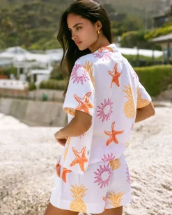 Organic Cotton Cheesecloth Seaside Print Short Sleeve Shirt