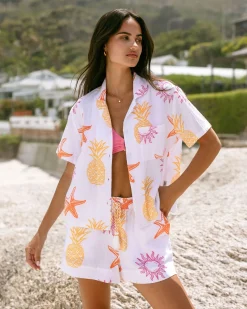Organic Cotton Cheesecloth Seaside Print Short Sleeve Shirt