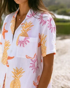 Organic Cotton Cheesecloth Seaside Print Short Sleeve Shirt