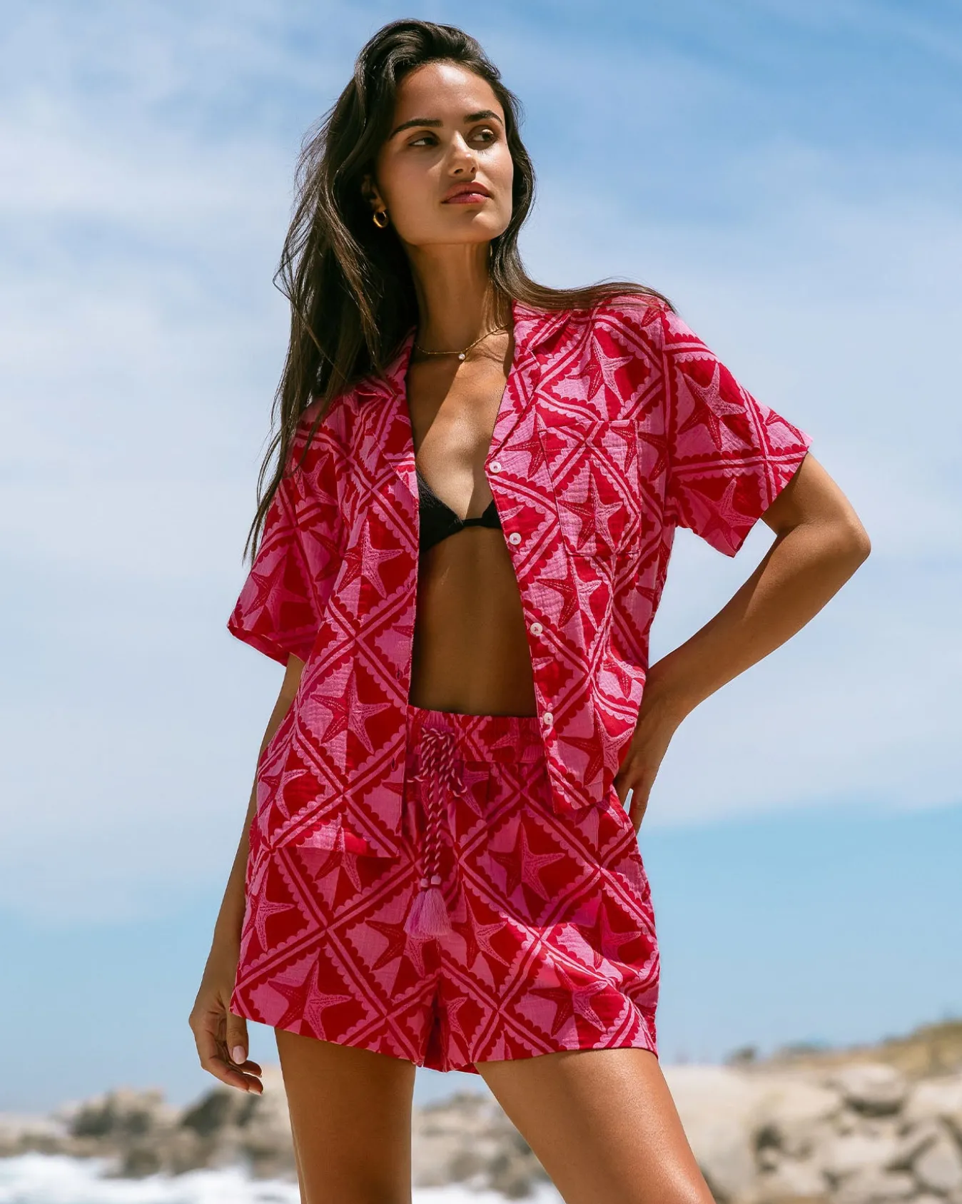 Organic Cotton Cheesecloth Starfish Print Short Sleeve Shirt