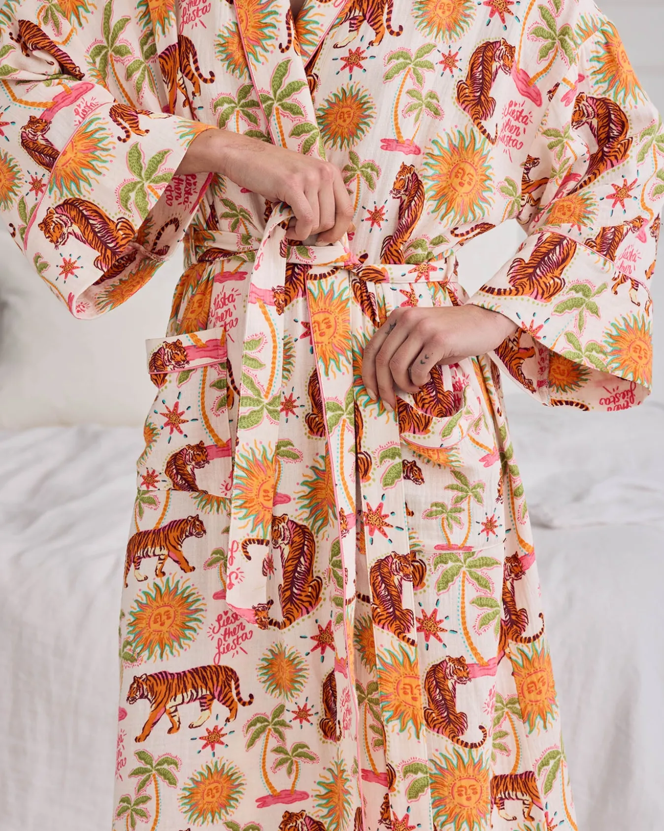 Organic Cotton Cheesecloth Siesta Tiger Print Dressing Gown