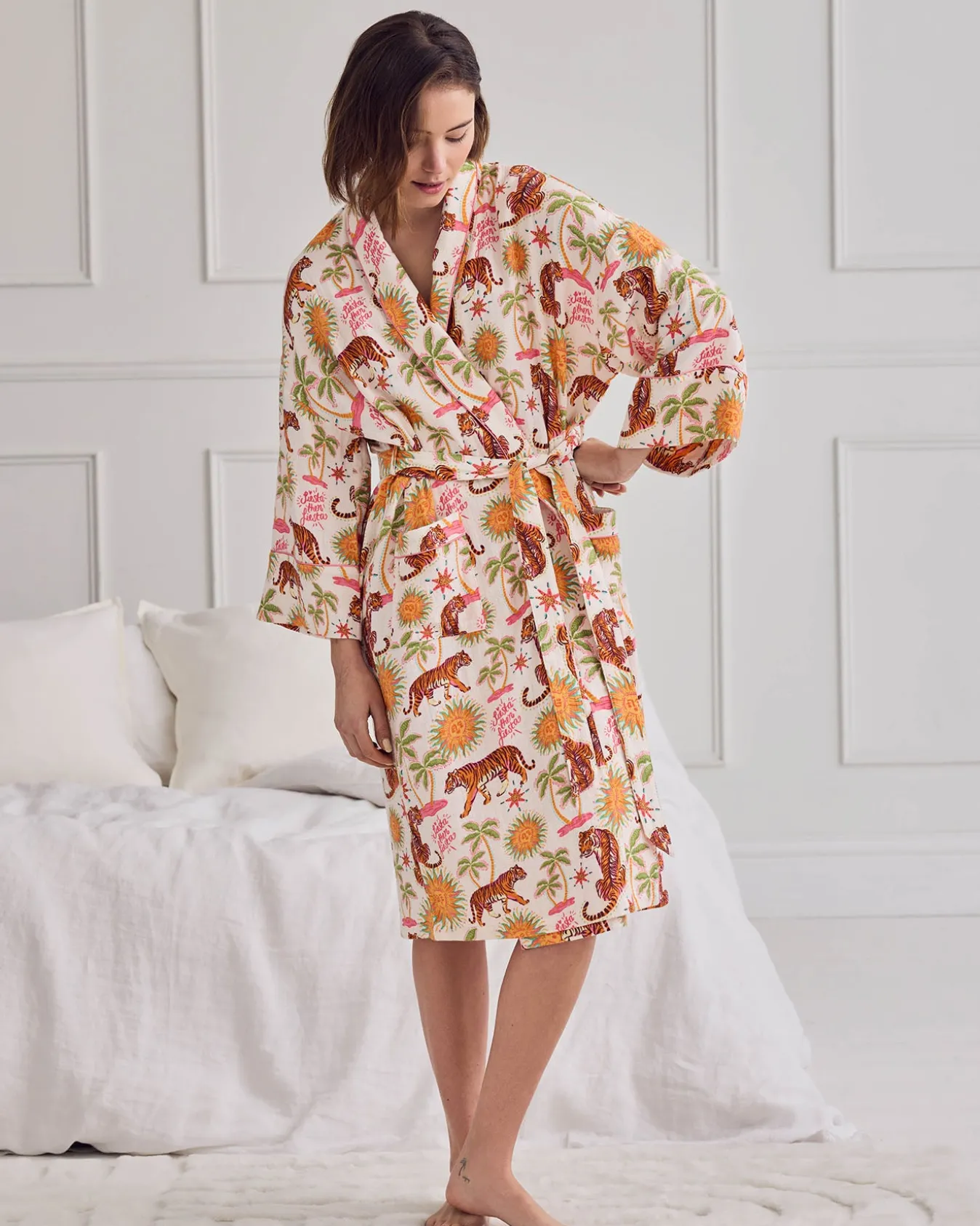 Organic Cotton Cheesecloth Siesta Tiger Print Dressing Gown