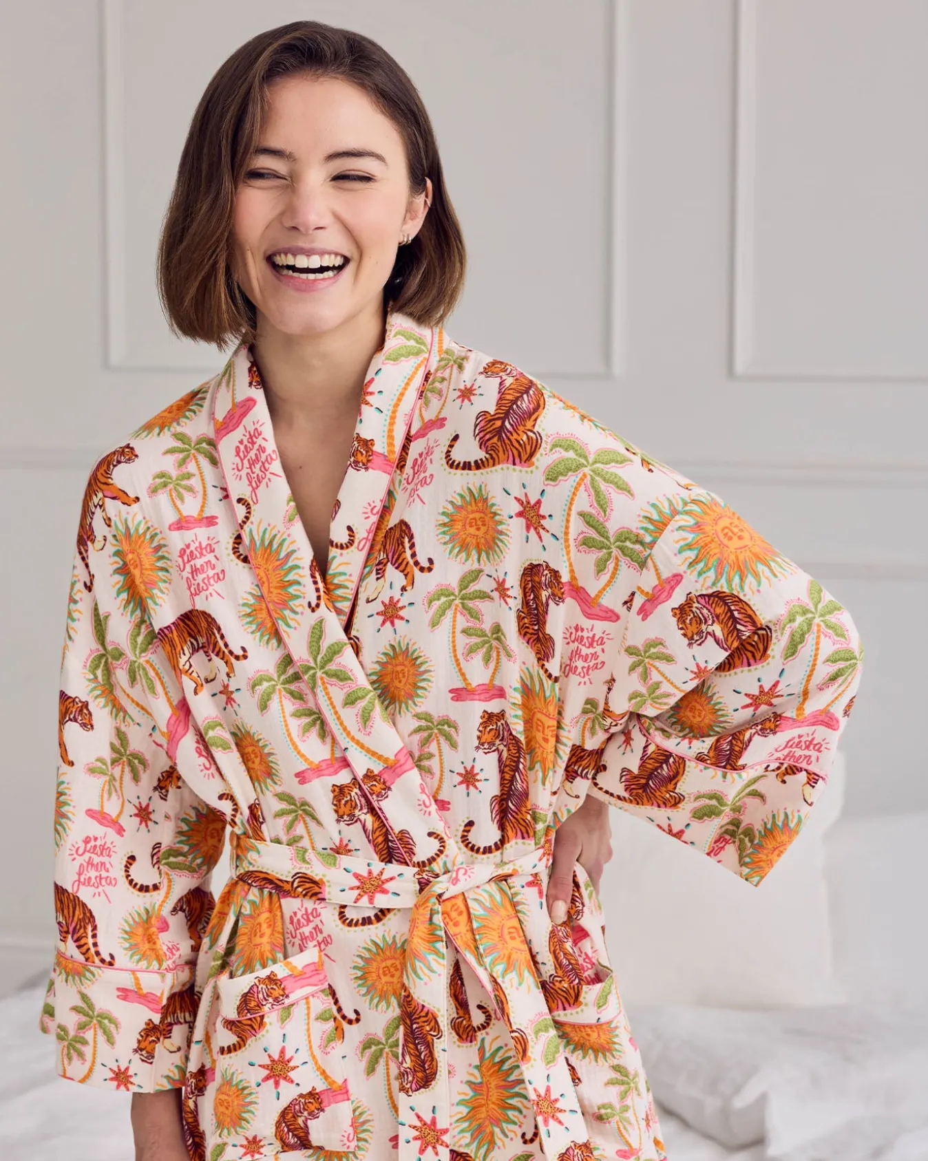Organic Cotton Cheesecloth Siesta Tiger Print Dressing Gown