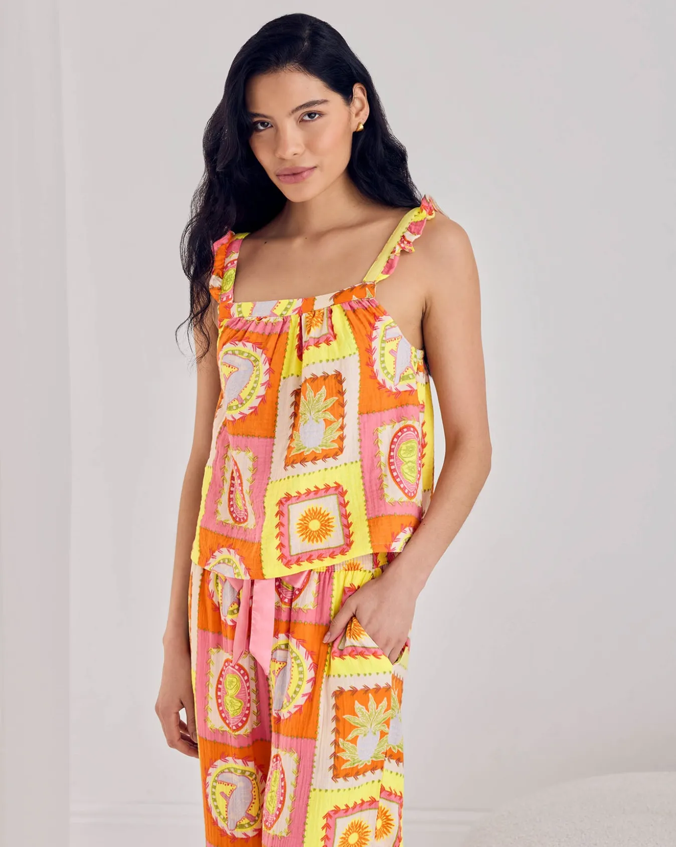Organic Cotton Cheesecloth Tropical Patchwork Print Frill Cami Long Pyjama Set