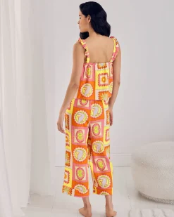 Organic Cotton Cheesecloth Tropical Patchwork Print Frill Cami Long Pyjama Set