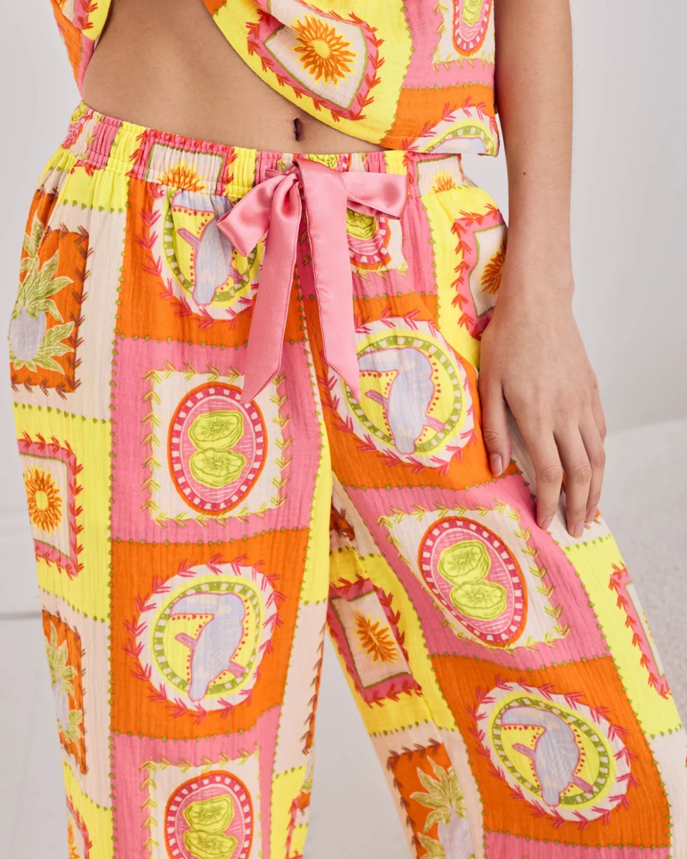 Organic Cotton Cheesecloth Tropical Patchwork Print Frill Cami Long Pyjama Set