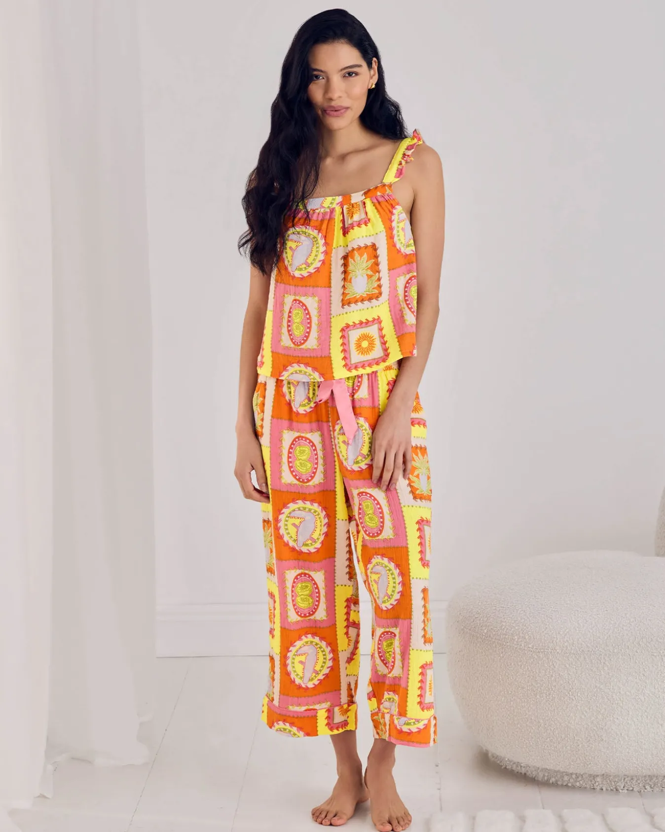 Organic Cotton Cheesecloth Tropical Patchwork Print Frill Cami Long Pyjama Set