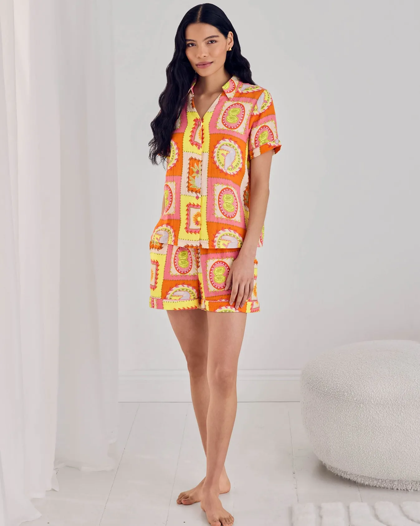 Organic Cotton Cheesecloth Tropical Patchwork Print Short Pyjama Set