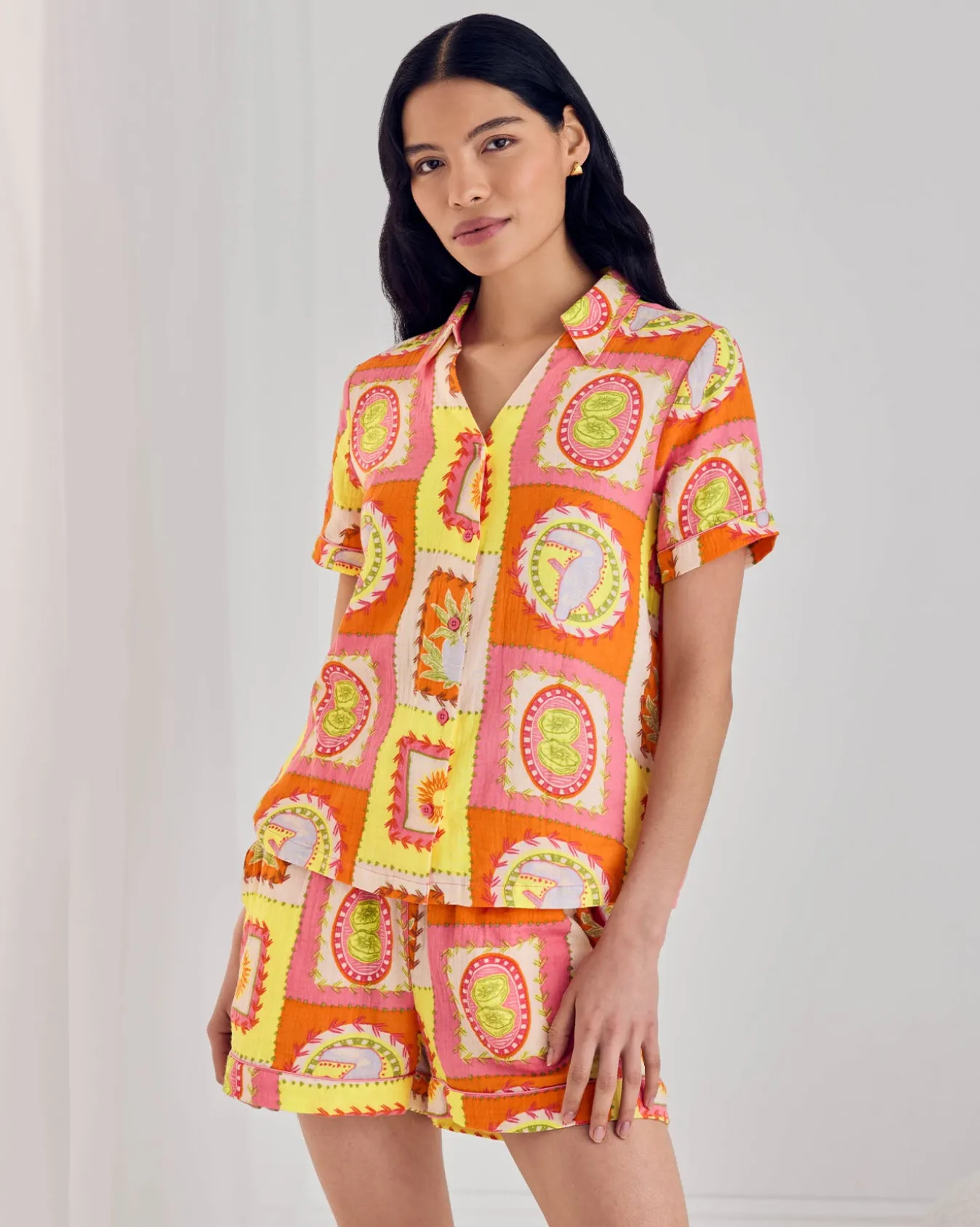 Organic Cotton Cheesecloth Tropical Patchwork Print Short Pyjama Set