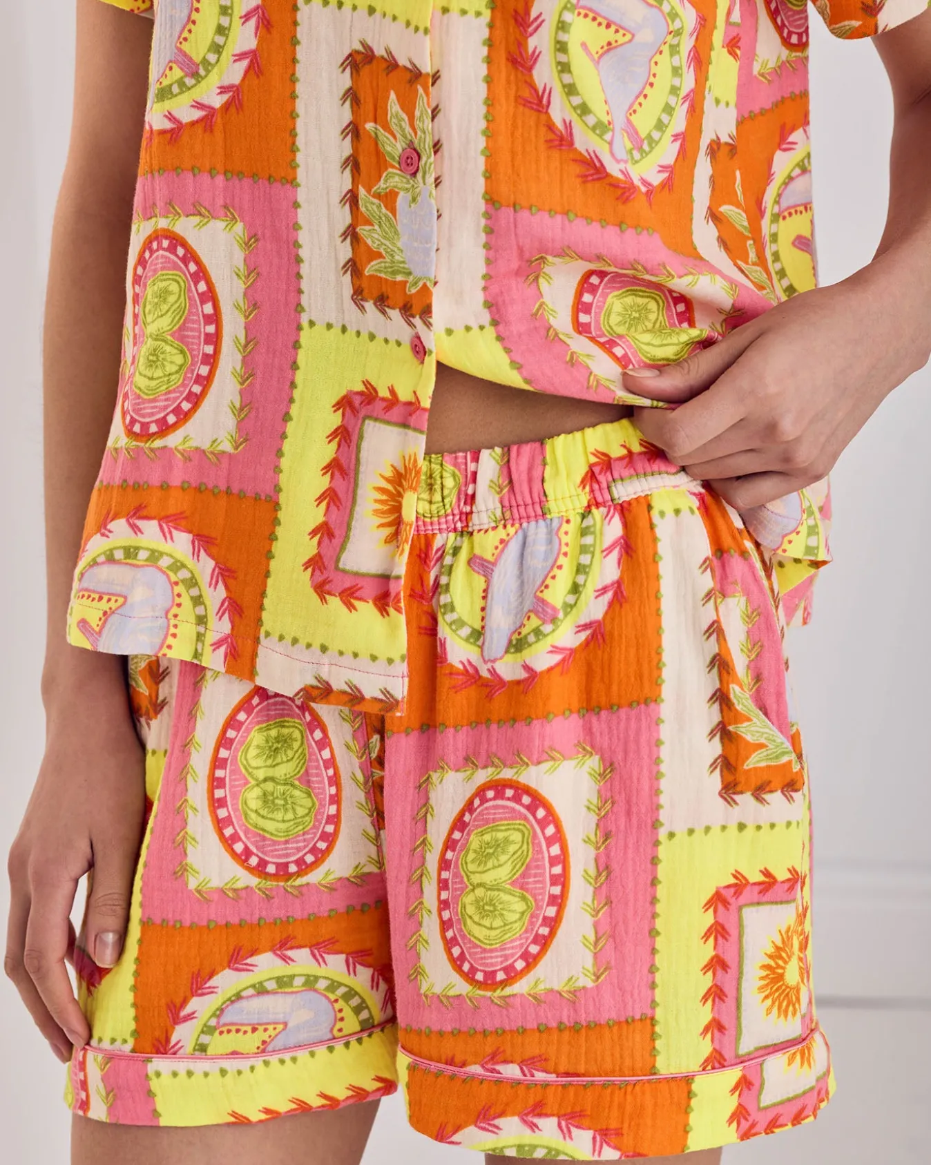 Organic Cotton Cheesecloth Tropical Patchwork Print Short Pyjama Set
