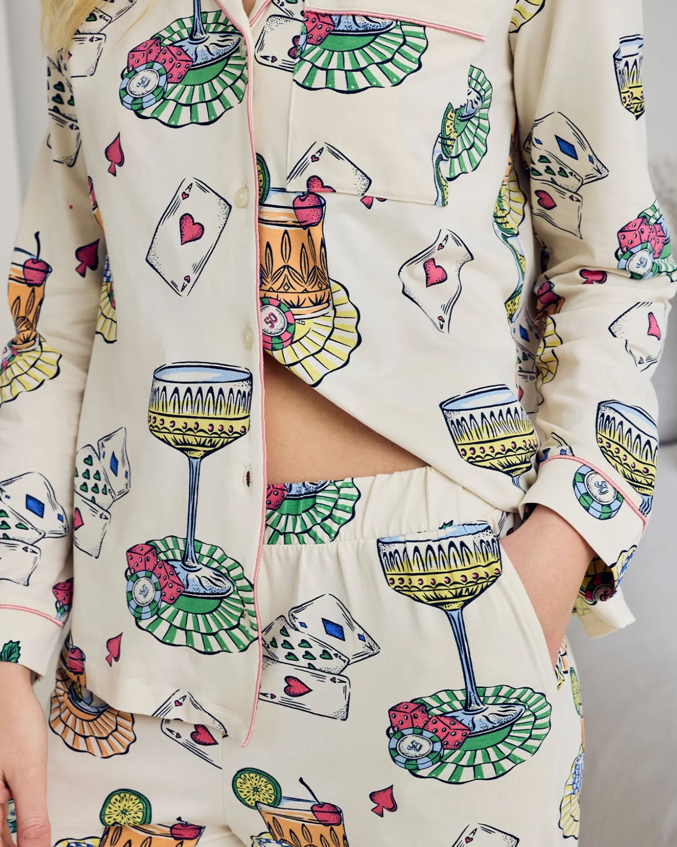 Organic Cotton Cocktails & Cards Print Long Pyjama Set