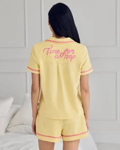 Organic Cotton Embroidered Back Time For A Nap Short Pyjama Set - Yellow