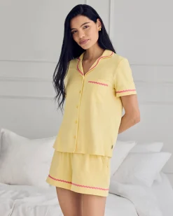 Organic Cotton Embroidered Back Time For A Nap Short Pyjama Set - Yellow
