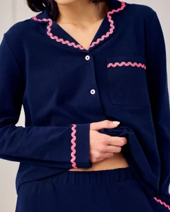 Organic Cotton Embroidered Back Good Morning Long Pyjama Set - Navy