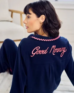 Organic Cotton Embroidered Back Good Morning Long Pyjama Set - Navy
