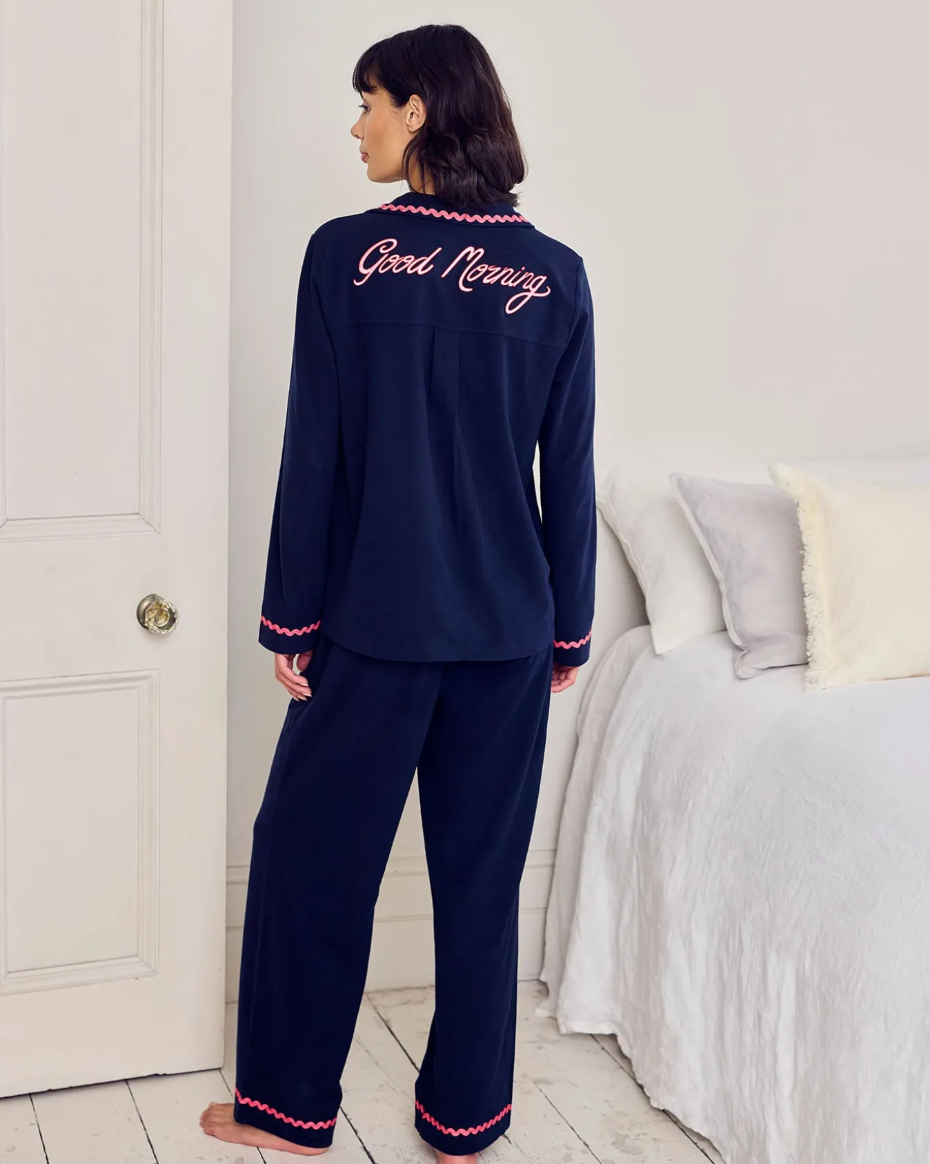 Organic Cotton Embroidered Back Good Morning Long Pyjama Set - Navy