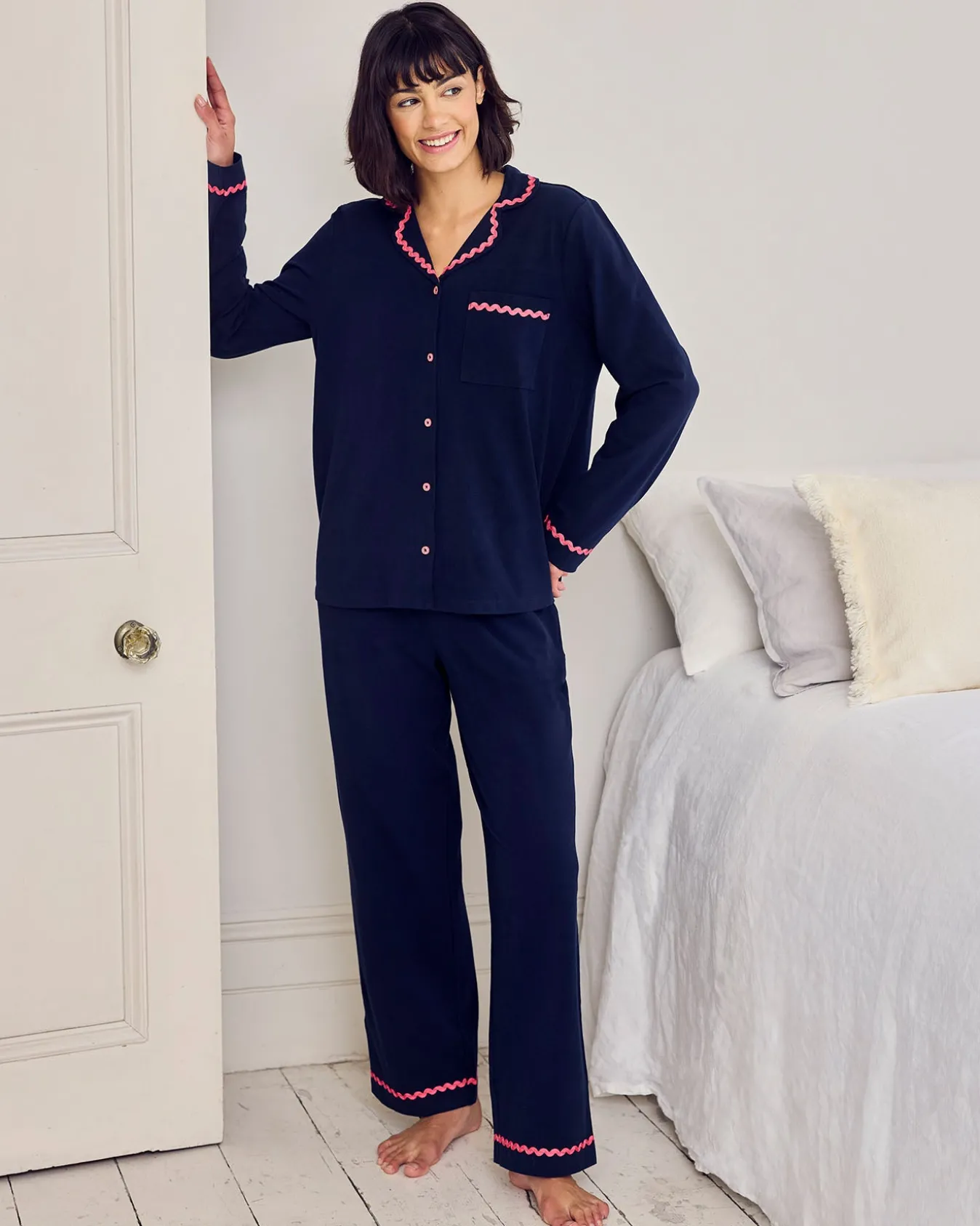 Organic Cotton Embroidered Back Good Morning Long Pyjama Set - Navy