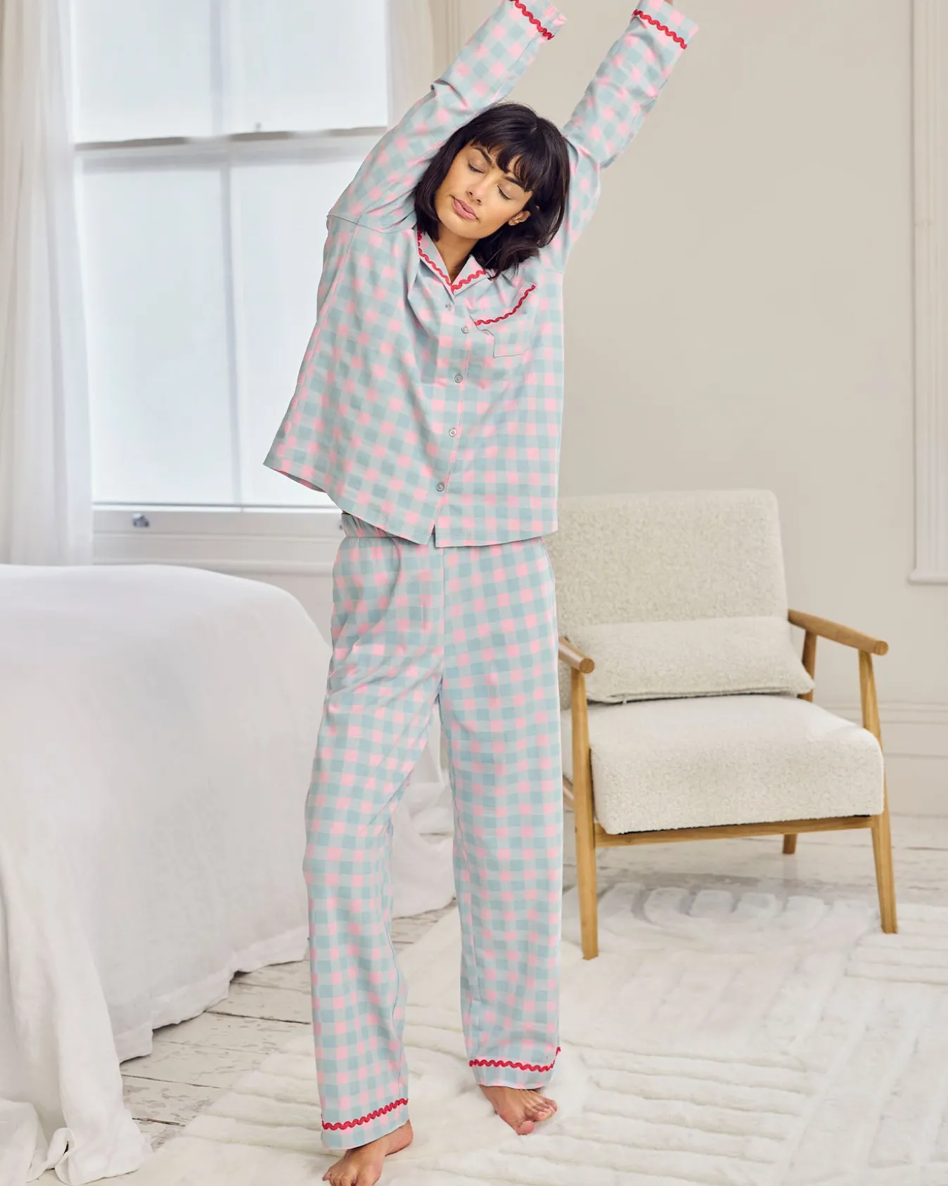 Organic Cotton Embroidered Back Do Not Disturb Check Long Pyjama Set