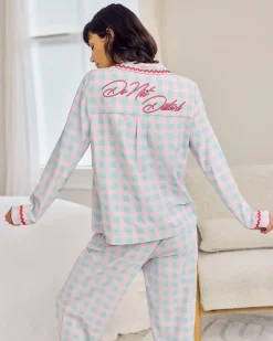 Organic Cotton Embroidered Back Do Not Disturb Check Long Pyjama Set