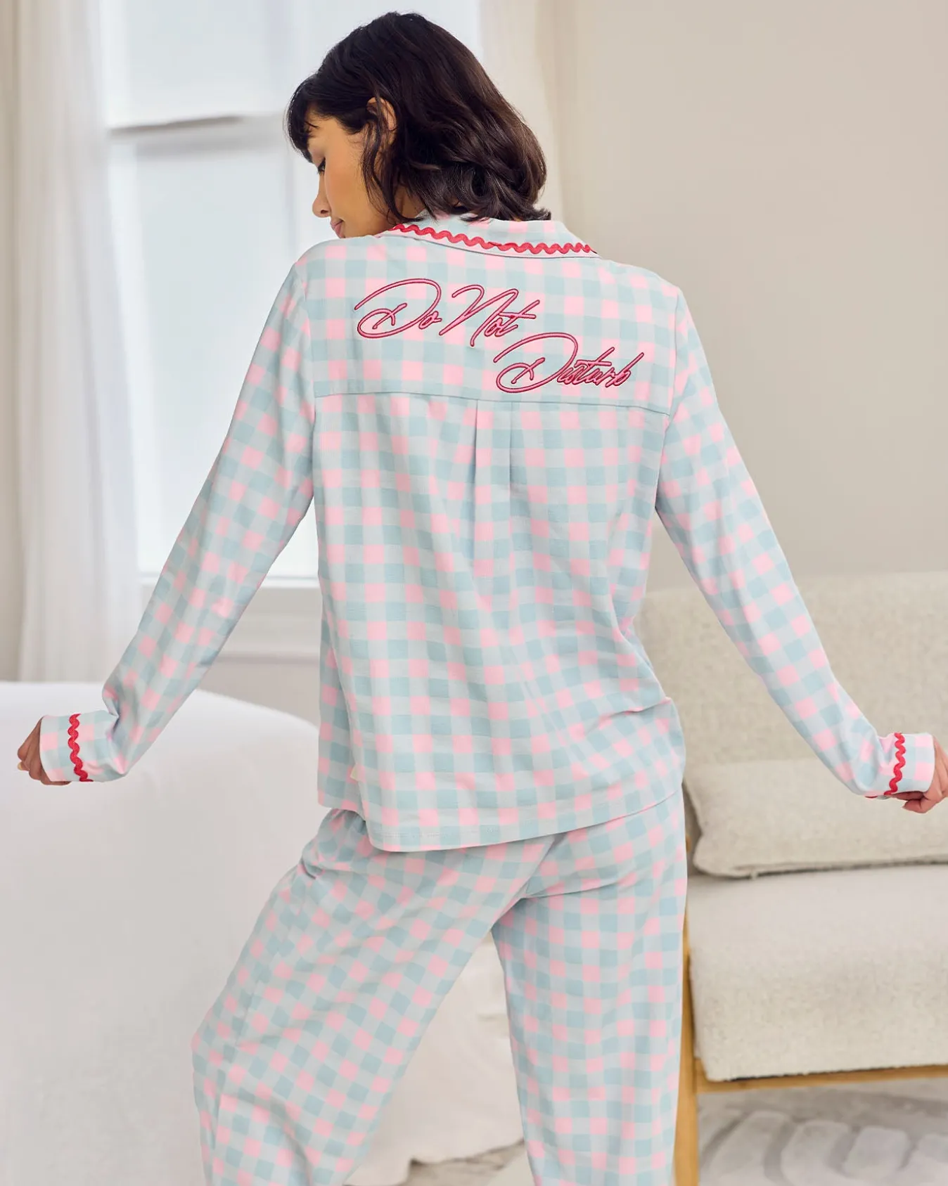 Organic Cotton Embroidered Back Do Not Disturb Check Long Pyjama Set