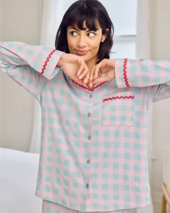 Organic Cotton Embroidered Back Do Not Disturb Check Long Pyjama Set