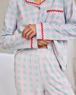 Organic Cotton Embroidered Back Do Not Disturb Check Long Pyjama Set