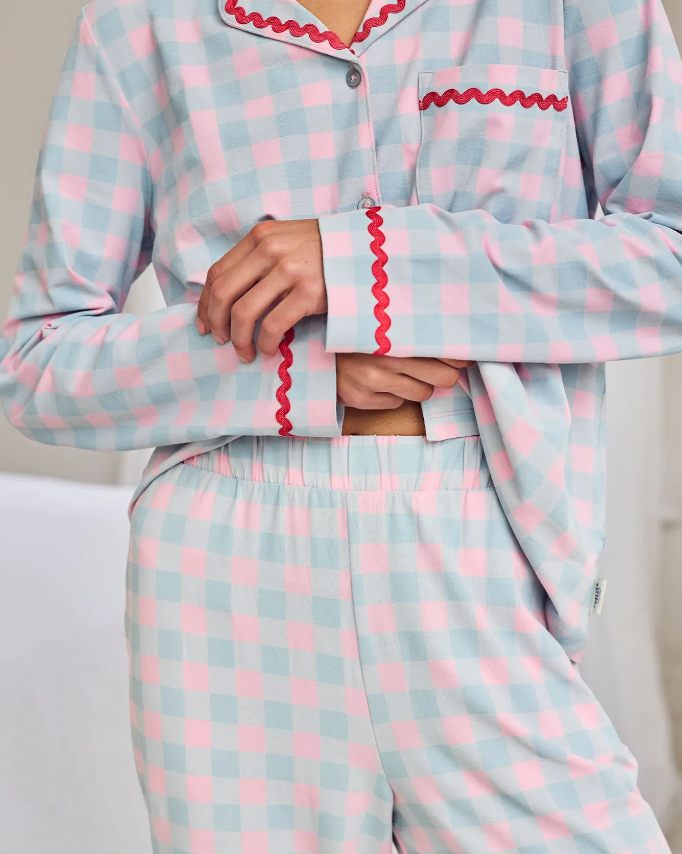 Organic Cotton Embroidered Back Do Not Disturb Check Long Pyjama Set