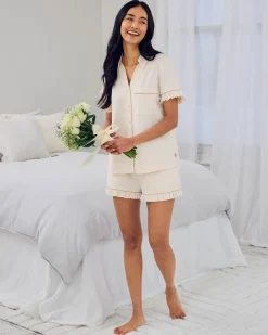 Organic Cotton Embroidered Just Married Frill Short Pyjama Set - Cream