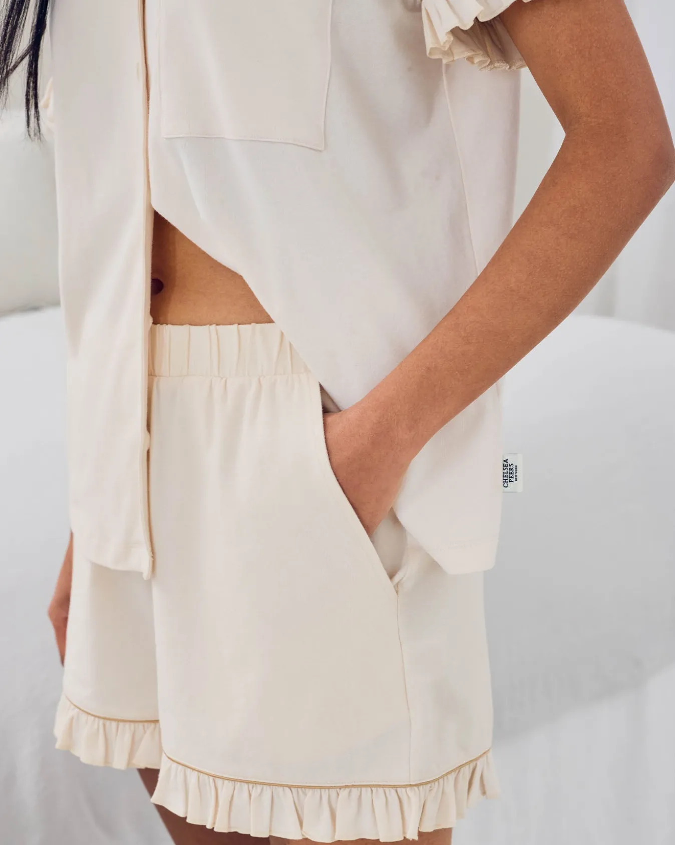 Organic Cotton Embroidered Just Married Frill Short Pyjama Set - Cream