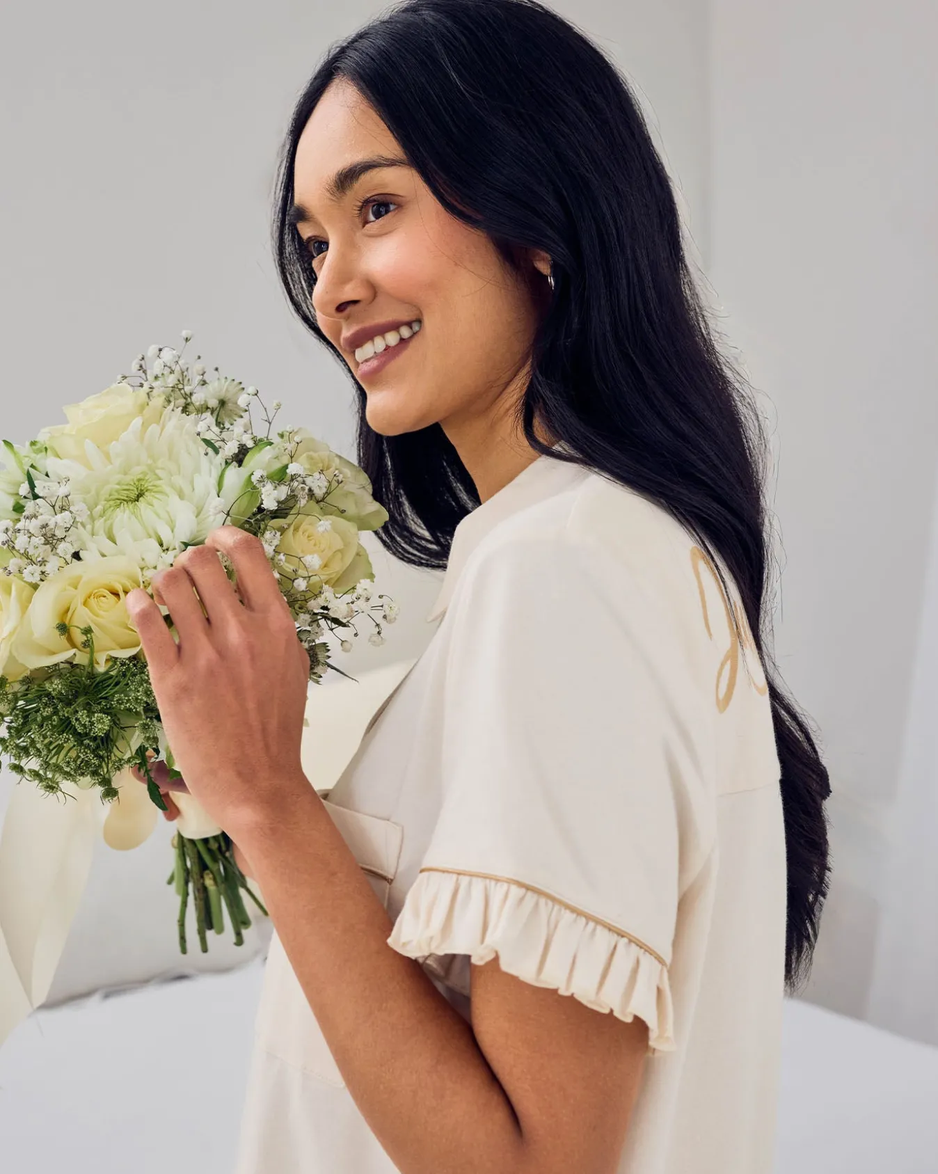 Organic Cotton Embroidered Just Married Frill Short Pyjama Set - Cream