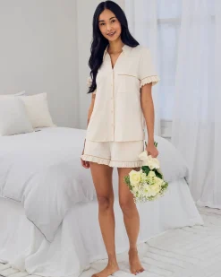Organic Cotton Embroidered Just Married Frill Short Pyjama Set - Cream