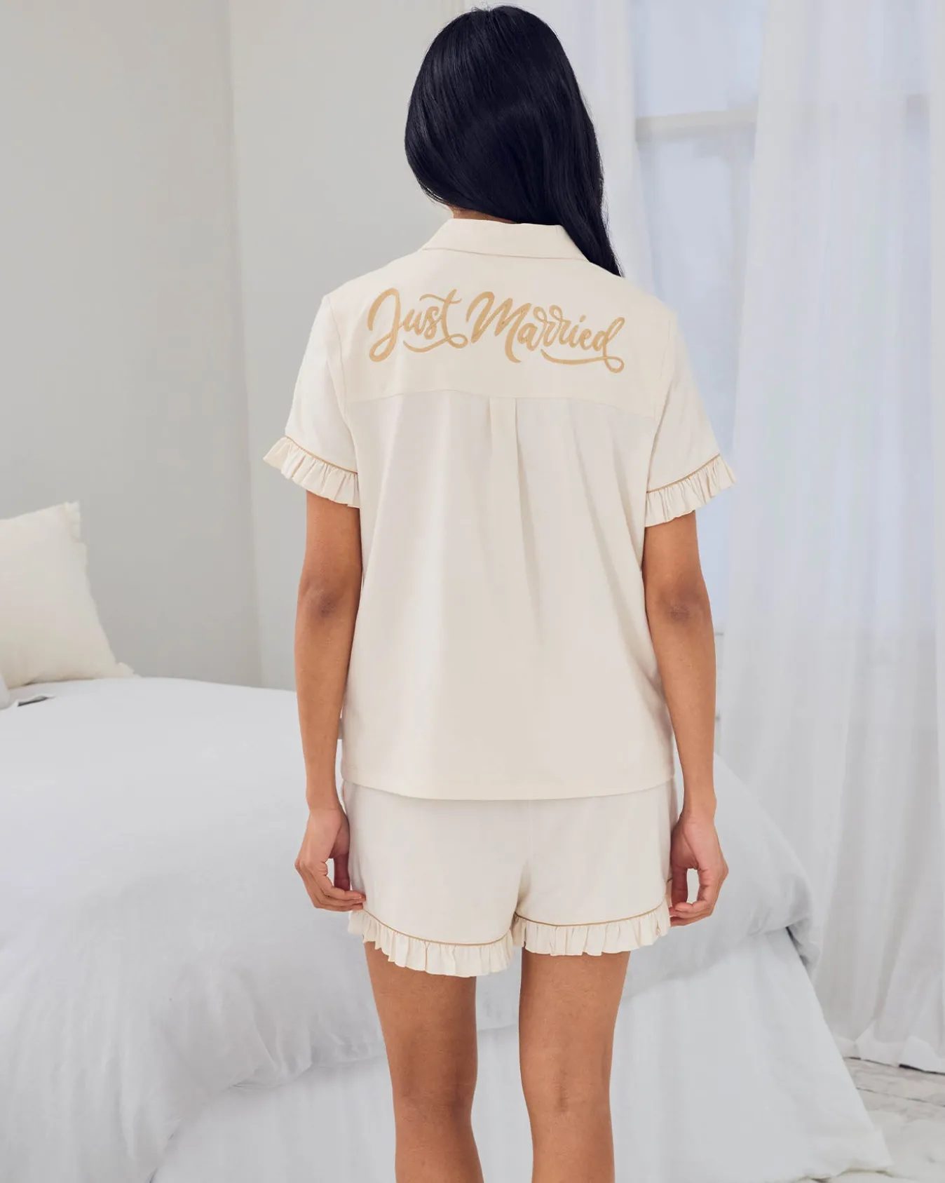 Organic Cotton Embroidered Just Married Frill Short Pyjama Set - Cream