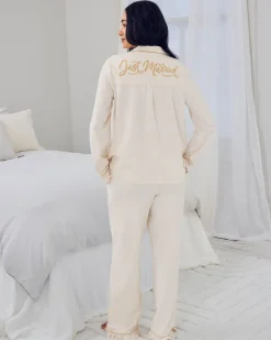 Organic Cotton Embroidered Just Married Frill Long Pyjama Set - Cream