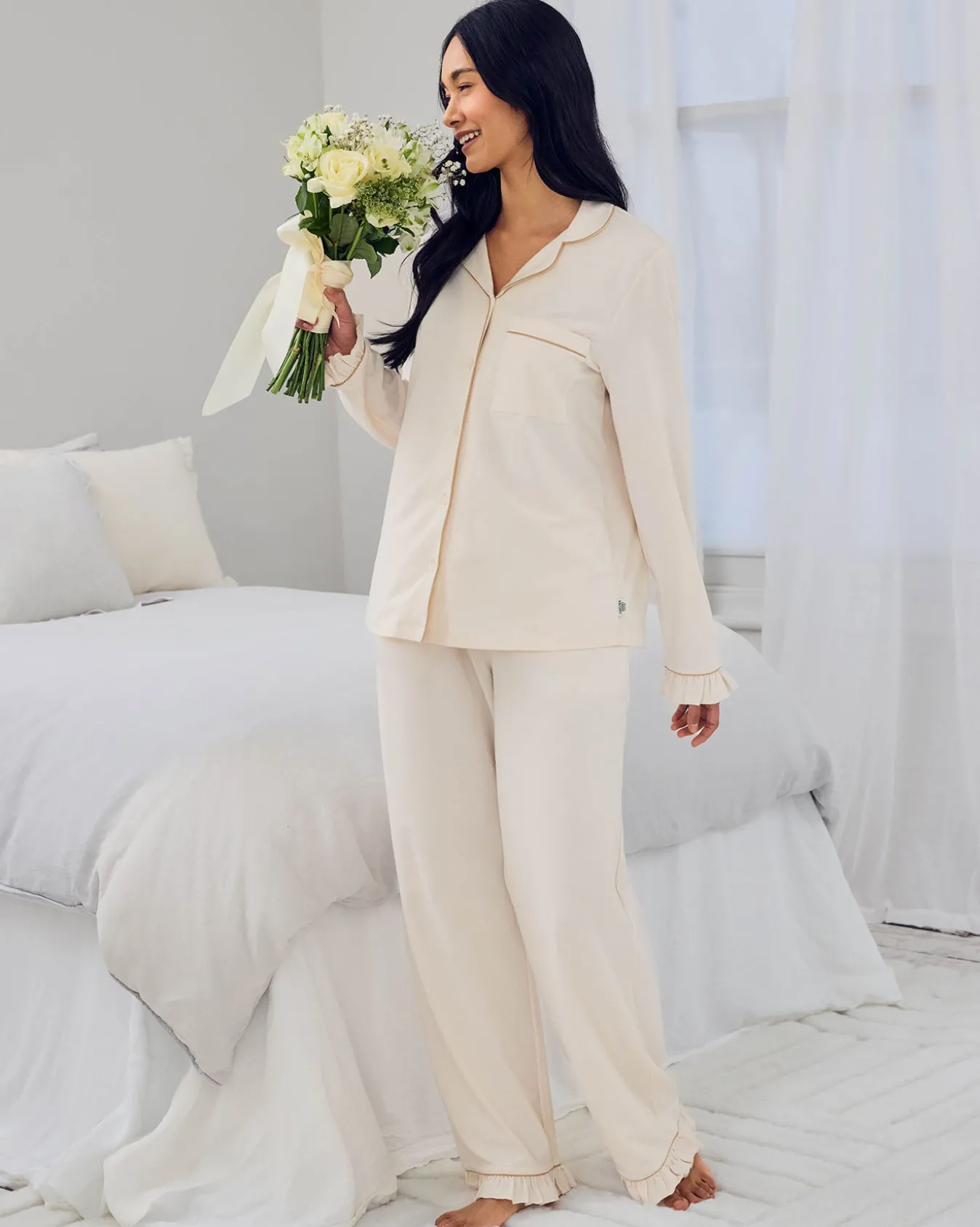 Organic Cotton Embroidered Just Married Frill Long Pyjama Set - Cream