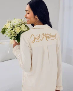 Organic Cotton Embroidered Just Married Frill Long Pyjama Set - Cream