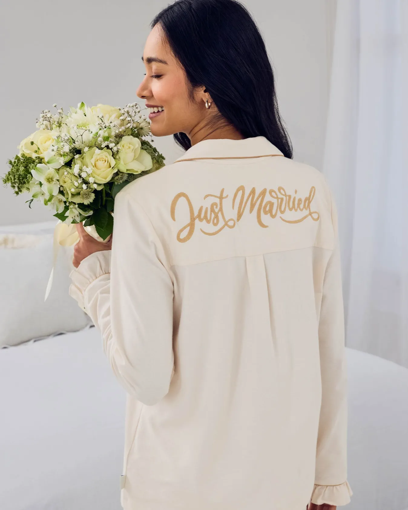 Organic Cotton Embroidered Just Married Frill Long Pyjama Set - Cream
