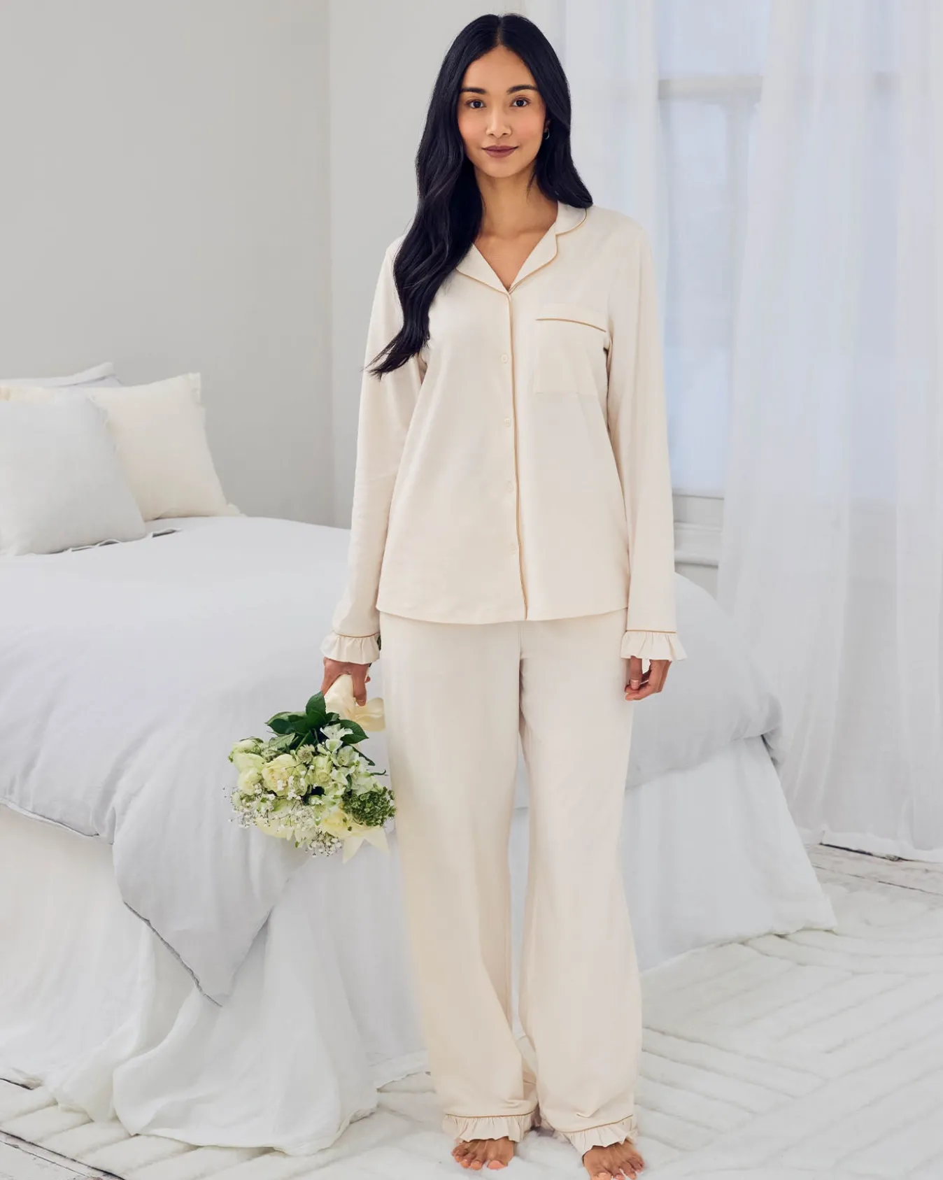 Organic Cotton Embroidered Just Married Frill Long Pyjama Set - Cream