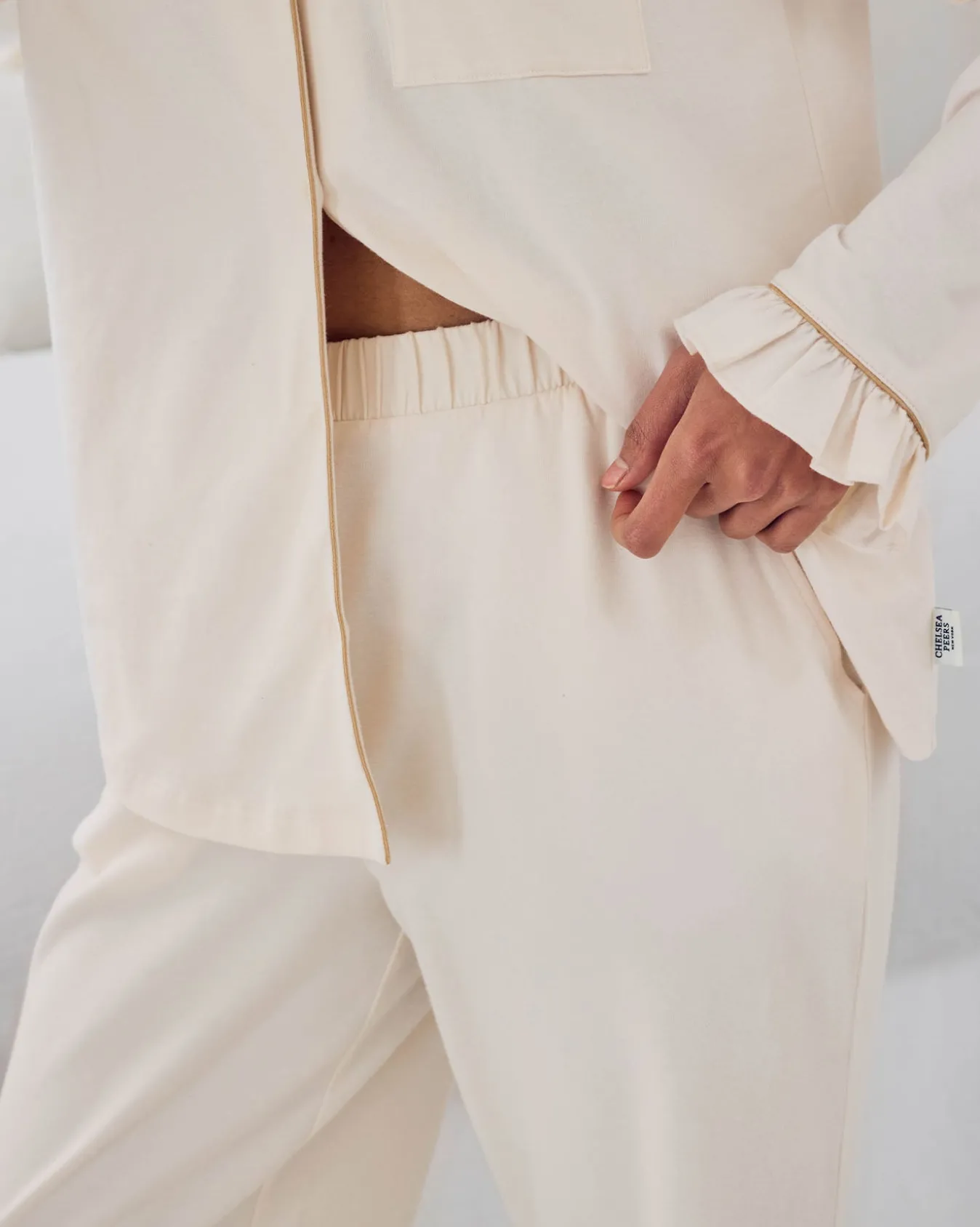 Organic Cotton Embroidered Just Married Frill Long Pyjama Set - Cream